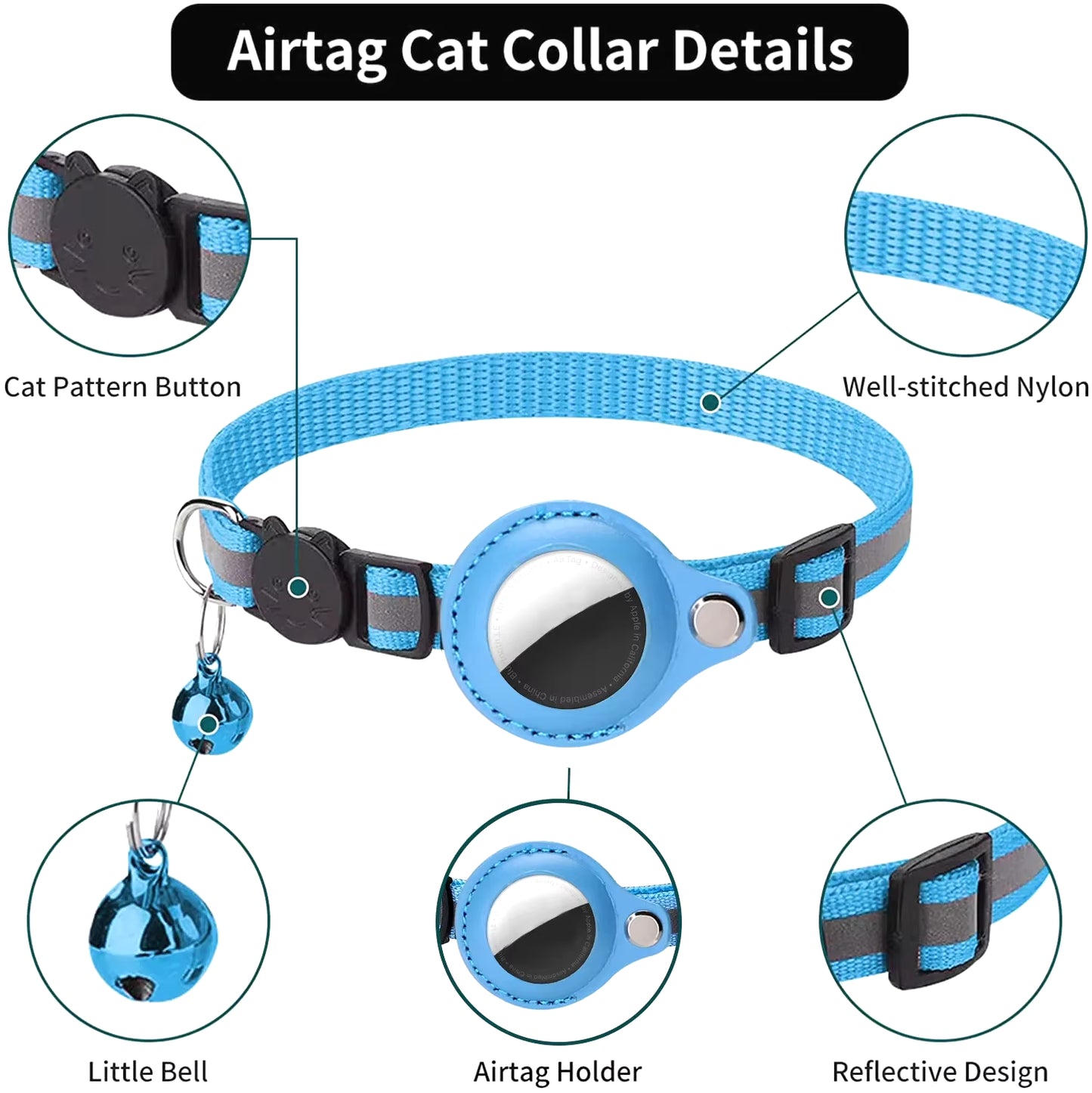 Cat Airtag Holder Collar Breakaway Reflective Strips Adjustable Kitten Collar Waterproof Cat Bell Collar Pet Air Tag Case